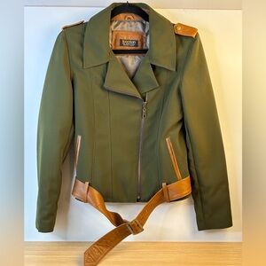 “1000 Ton” Olive‎ Green Women's Small Jacket with Tan Faux Leather Accents